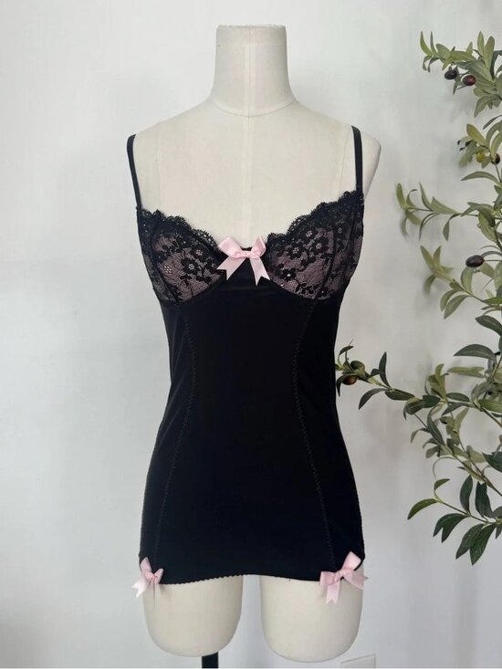 Victoria's Secret Other - Victoria’s Secret Y2K Black Lace Bustier Cami Pink Bow Babydoll Lingerie Top 34C